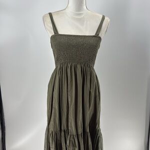 Chelsea & Theodore sage green long cotton maxi dress tiered ruffle flowing boho